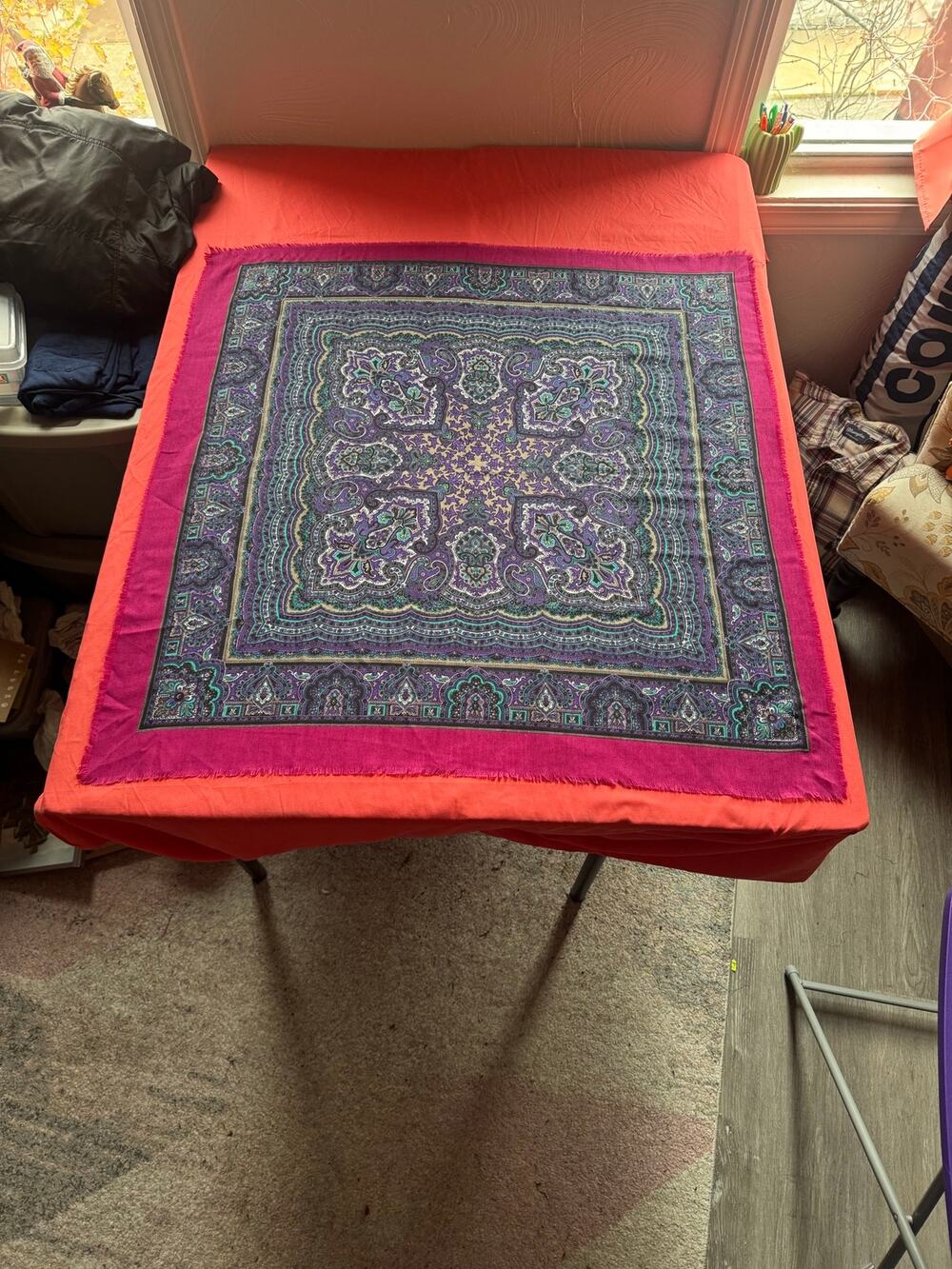 Vtg Dario of Italy Scarf 35x34 Pink Purple Paisley Fringed Square Wrap Poly